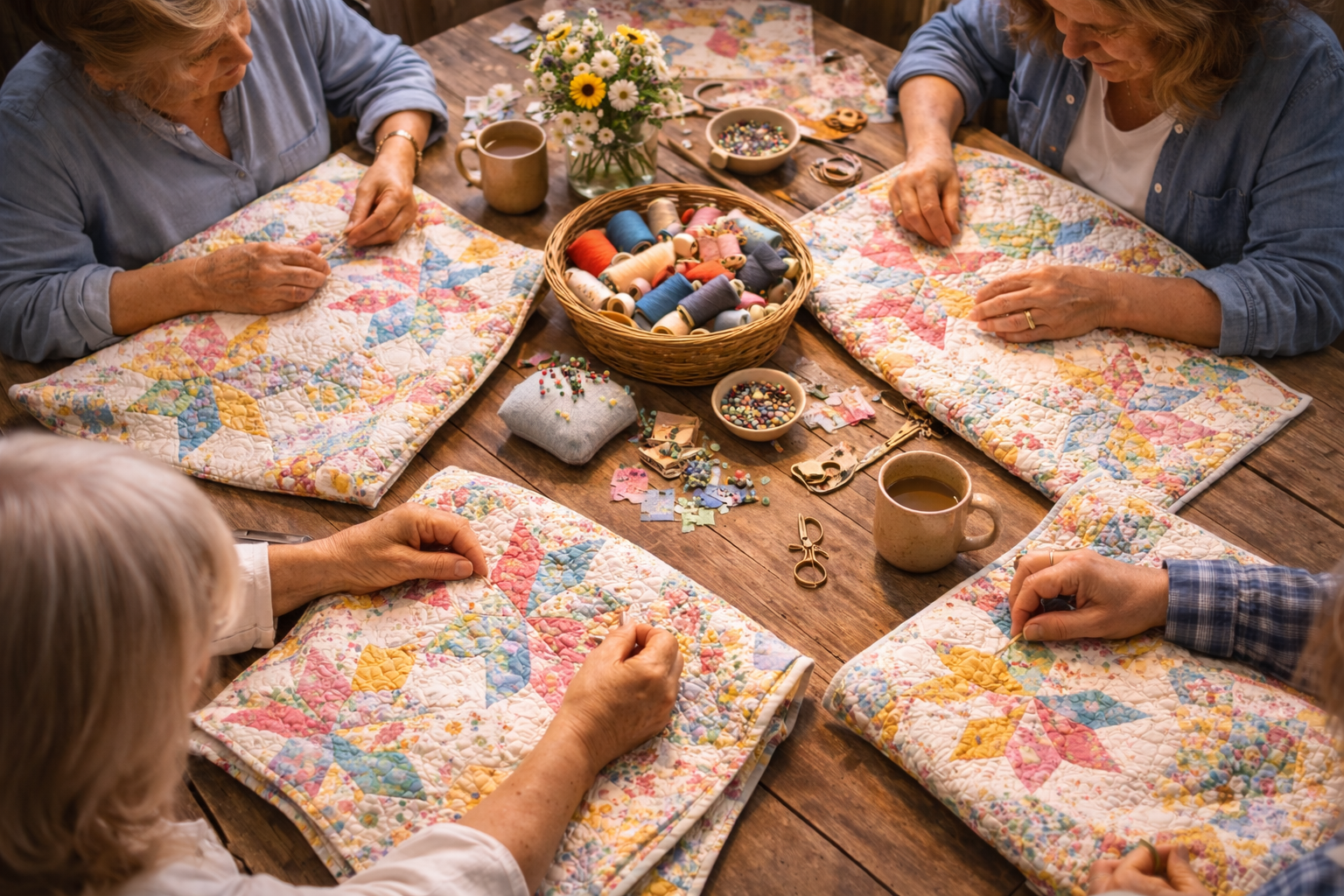 Community members quilting together